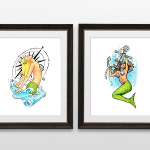 Tattoo Style Mermaid Bathroom Decor Set of 2 Digital Prints Vintage Mermaid Tattoo Print Set Printable Wall Art Instantly