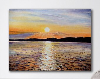 Seascape Sunset Watercolor Painting Canvas Print, Ocean Horizon Sunset Landscape Framed Fine Art Print from Art Instantly