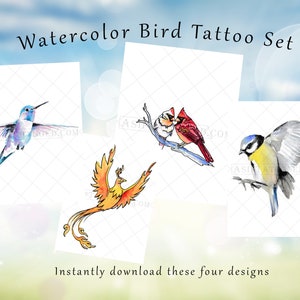 Set of 4 Bird Tattoo Designs Instant Download Watercolor Bird Printable Tattoo Illustrations from Art Instantly