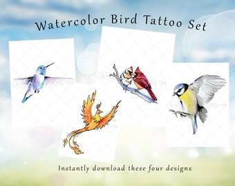 Watercolor Tattoo, Bird Tattoo, Set of 4, Tattoo Design from Art Instantly