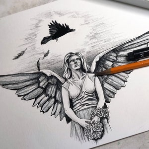 Angel Tattoo, Raven Tattoo, Tattoo Design, Tattoo Printable from Art Instantly image 2