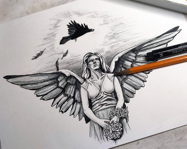 Angel Tattoo, Raven Tattoo, Tattoo Design, Tattoo Printable from Art Instantly image 2