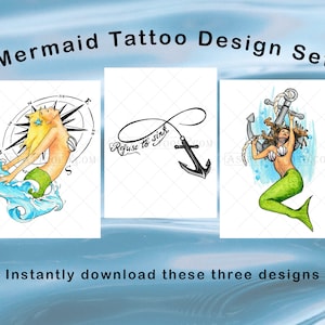 Set of 3 Inspirational Mermaid Tattoo Designs Instant Download Nautical Printable Tattoo Illustrations from Art Instantly