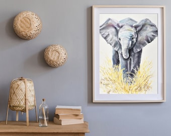 Baby Elephant Oil Finger Painting Canvas Print, Baby Elephant Wildlife Nursery Framed Fine Art Print from Art Instantly