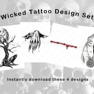 Set of 4 Gothic Tattoo Designs Instant Download Halloween Printable Tattoo Illustrations from Art Instantly