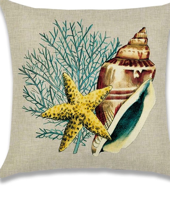 Beach Nautical Theme Pillow Cover Sand Sea Shells Coral Etsy