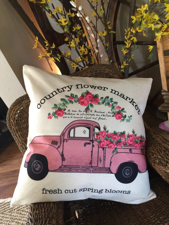 4Pcs Flower Market Vintage Truck Farmhouse Spring Blooms Sign Throw Pillow Cases 