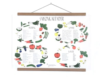 Póster calendario de temporada de frutas y verduras locales en formato A2 como calendario de pared para la cocina y el salón