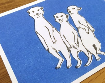 Carte postale Illustration A6 Animal suricate au format A6 - Riso Print (risographie, fait main)