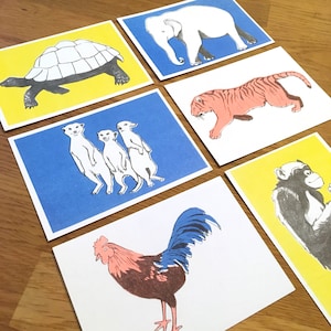 Conjunto de 6 postais ecológicos com ilustrações de animais - motivo macaco tartaruga galo tigre suricato elefante - estampa riso