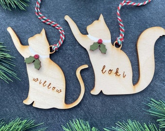 Cat Ornament, Personalized Gifts, Cat Memorial, Birch Wood (Paw up shape)