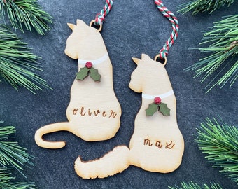 Cat Ornament, Personalized Gifts, Cat Memorial, Birch Wood (Sitting shape)