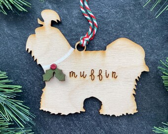 Shih Tzu Ornament (Longhaired Ponytail), Personalized dog gifts, Custom Birch wood