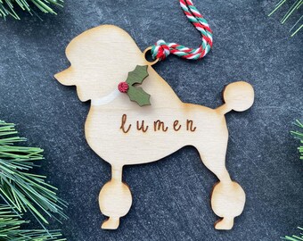 Poodle Ornament (Lion Cut Hairstyle), Personalized dog gifts, Custom Birch wood