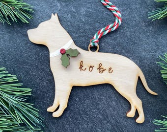 Pitbull Ornament, Personalized dog gifts, Custom Birch wood