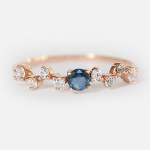 14K Rose Gold Blue Sapphire Ring, Dainty Diamond Ring, September Birthstone Jewelry, Stacking Ring, Promise Ring, Gift for Her