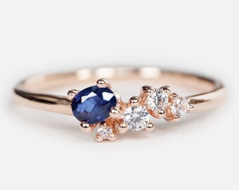 14k Rose Gold Sapphire Cluster Ring, Blue Sapphire and Diamond Ring, Dainty September Birthstone Ring, Promise or Stacking Ring