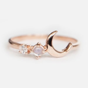 Moonstone and Diamond Crescent Moon Ring, 14K Rose Gold Celestial Ring, Dainty Stacking Ring, June Birthstone Gift for Her