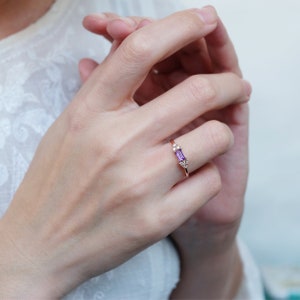 rose gold genuine amethyst and diamond ring, 14k rose gold ring, baguette cut amethyst ring, february birthstone, purple amethyst ring image 6