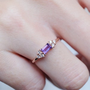 rose gold genuine amethyst and diamond ring, 14k rose gold ring, baguette cut amethyst ring, february birthstone, purple amethyst ring image 5
