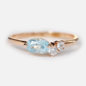 Aquamarine Diamond Ring, 14K Gold March Birthstone Ring, Oval Blue Gemstone Ring, Dainty Stacking Ring, Solid Gold Gift for Her