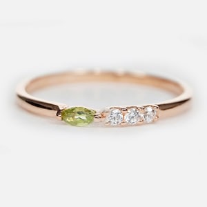 14K Rose Gold Peridot Ring, Marquise Peridot and Diamond Ring, Dainty Stacking Ring, August Birthstone Jewelry, Gift for Her
