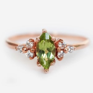 14k Gold Marquise Peridot and Diamond Engagement Ring, August Birthstone Bridal Ring, Green Gemstone Promise Ring, Dainty Gold Jewelry