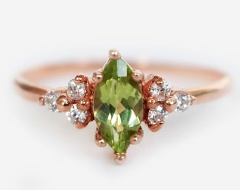 peridot ring, august birthstone, marquise ring, marquise peridot, engagement ring, marquise cut peridot, green peridot ring, cluster rings