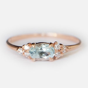 14k Gold Oval Aquamarine and Diamond Ring, March Birthstone Dainty Ring, Minimalist Blue Gemstone Promise Ring, Engagement Gift for Her