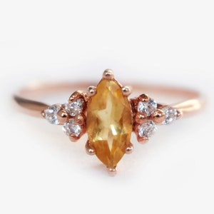 14k Gold Marquise Citrine and Diamond Engagement Ring, November Birthstone Bridal Ring, Yellow Gemstone Promise Ring, Dainty Jewelry
