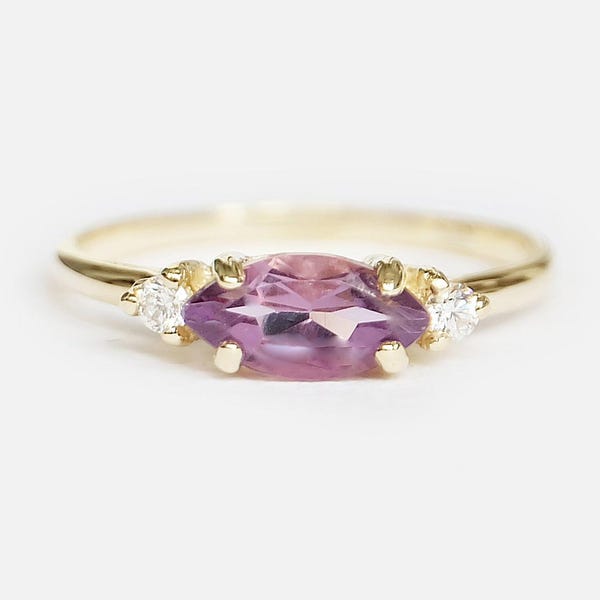 14K Gold Marquise Amethyst Ring, February Birthstone Jewelry, Dainty Purple Gemstone Minimalist Stacking Band