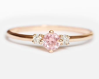 14k Rose Gold Pink Sapphire and Diamond Ring, Three Stone Engagement Ring, Dainty Fine Jewelry Gift for Her, Birthstone Ring