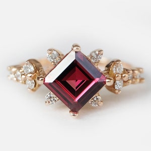 14K Rose Gold Rhodolite Garnet Ring, Princess Cut Garnet and Diamond Cluster Ring, January Birthstone Engagement Ring Gift