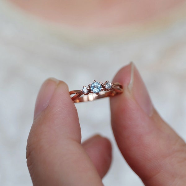 aquamarine ring, 14k gold aquamarine ring, diamond aquamarine ring, march birthstone ring, dainty aquamarine ring, stackable aquamarine ring