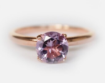 14K Rose Gold Amethyst Ring, Round Amethyst Solitaire Ring, February Birthstone, Dainty Minimalist Ring, Gift for Her, Handmade Jewelry