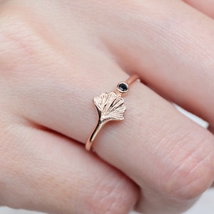ginkgo leaf ring, black diamond ginkgo ring, botanical jewelry, plant ring, ginkgo ring, gold ginkgo ring, leaf ring, flower ring, ginkgo image 1