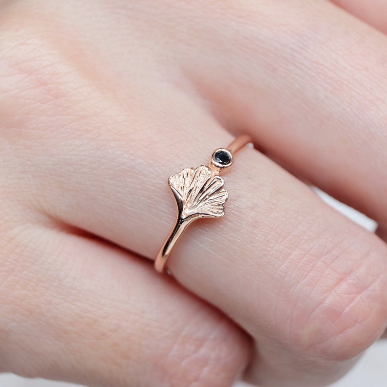 ginkgo leaf ring, black diamond ginkgo ring, botanical jewelry, plant ring, ginkgo ring, gold ginkgo ring, leaf ring, flower ring, ginkgo image 1
