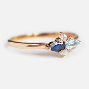 pear sapphire ring, pear aquamarine ring, multi stone ring, dual birthstone ring, two stone ring, pear shape engagement, birthstone ring image 3
