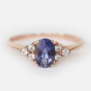 Oval Iolite and Diamond Ring in 14K Rose Gold, Vintage Style Engagement Ring, Handmade Gemstone Ring, Dainty September Jewelry Gift