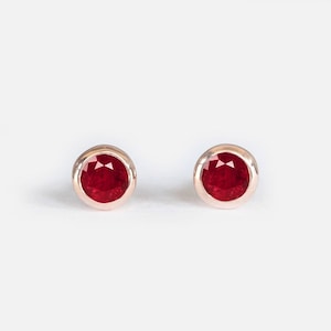Ruby Stud Earrings, 14k Rose Gold Earrings, July Birthstone Jewelry, Minimal Bezel Set Studs, Red Gemstone Earrings, Ruby Gift