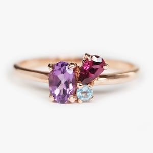 14K Rose Gold Amethyst Rhodolite Aquamarine Ring, Custom Gemstone Engagement, Birthstone Jewelry, Unique Gold Ring for Women