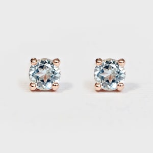 Aquamarine Stud Earrings in 14k Gold, March Birthstone Jewelry, Dainty Round Gemstone Studs, Light Blue Gold Earrings Gift for Her