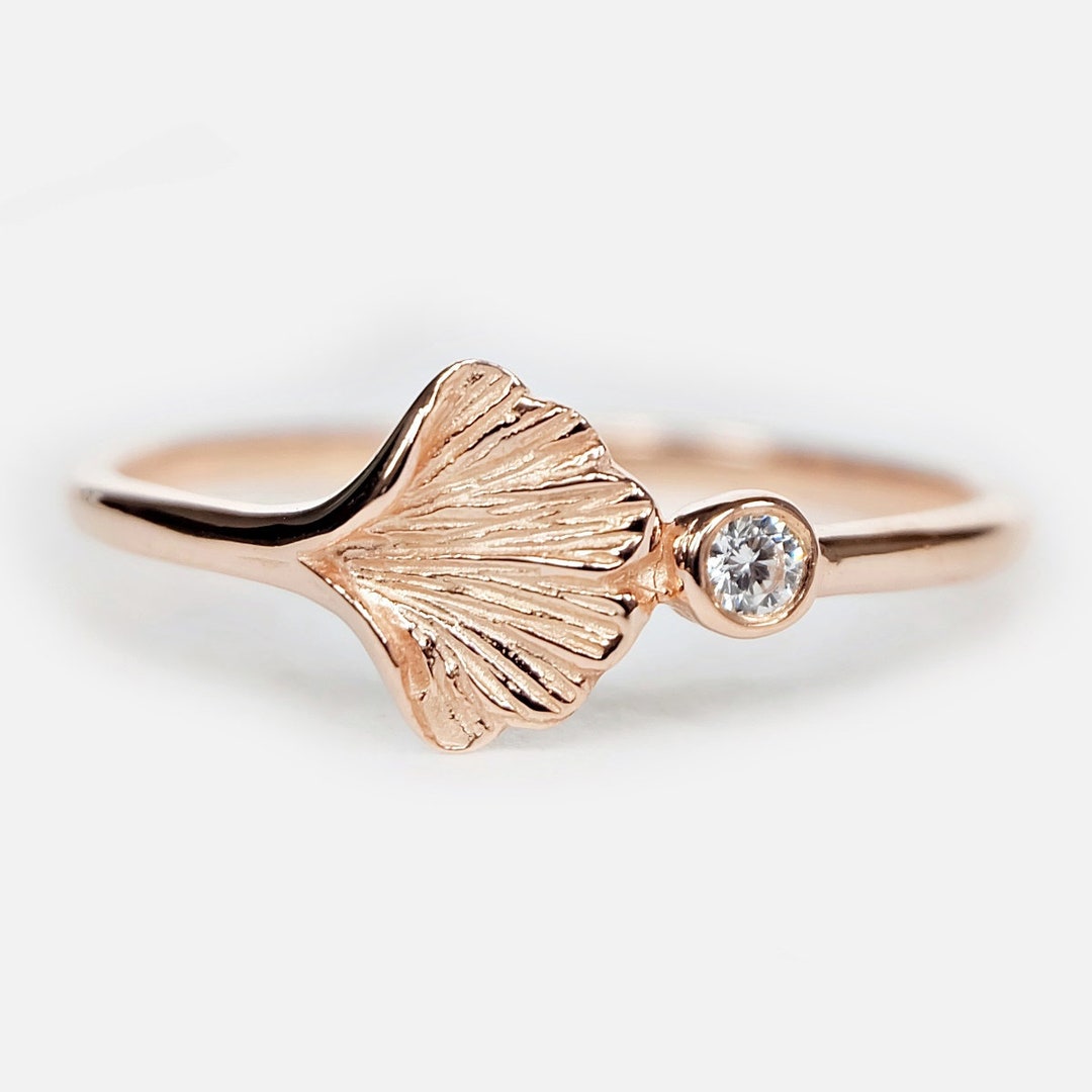 Ginkgo Leaf Ring, Diamond Ginkgo Ring, 14k Gold Leaf Ring, Gold Ginkgo