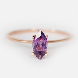 Marquise Amethyst Ring in 14K Rose Gold, Dainty February Birthstone Ring, Minimalist Gemstone Ring, Handmade Stacking Jewelry Gift