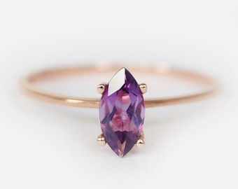 Marquise Amethyst Ring in 14K Rose Gold, Dainty February Birthstone Ring, Minimalist Gemstone Ring, Handmade Stacking Jewelry Gift