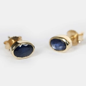 Blue Sapphire Stud Earrings, 14K Yellow Gold Oval Gemstone Jewelry, September Birthstone Earrings, Solid Gold Gift for Her