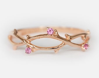 14k Rose Gold Pink Sapphire Branch Ring, Nature Inspired Vine Ring, Dainty Stackable Band, Minimalist Jewelry Gift for Her
