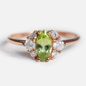 14k Rose Gold Peridot Diamond Ring, Marquise Cut Cluster Ring, August Birthstone, Dainty Gold Ring, Handmade Promise Ring, Gift for Her