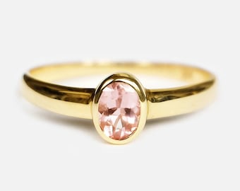 14k Yellow Gold Oval Morganite Ring, Bezel Set, Peach Pink Gemstone, Dainty Engagement Jewelry