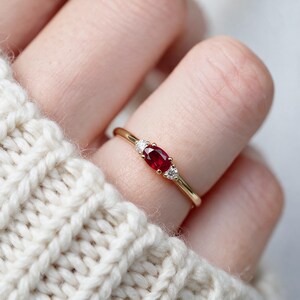 14K Gold Oval Ruby Diamond Ring, Dainty Oval Ruby Engagement Ring, Minimalist Three Stone Stacking Band, July Birthstone Fine Jewelry Gift
